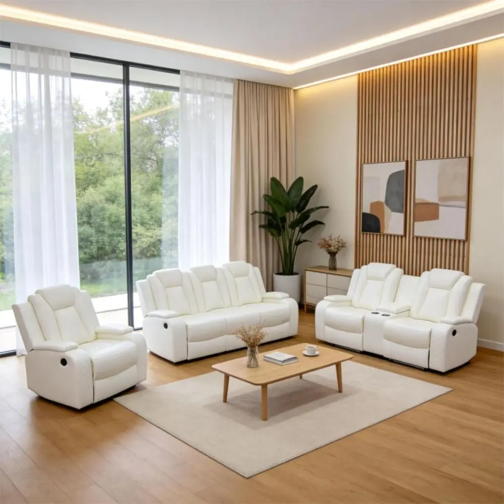 Creamy White 3-Piece Breathing Leather Reclining Sofa Set with LED Lights and USB Ports for Living Room or Home Theater