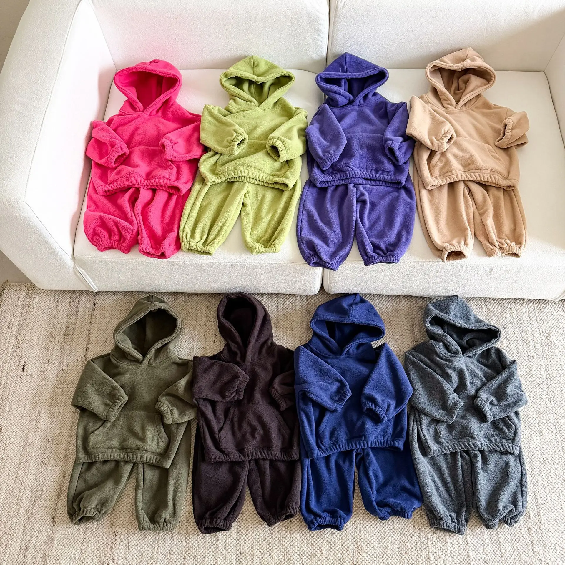 2026 Winter New Children Polar Fleece Clothes Set Boys Girls Hooded Sweatshirt + Pants Plus Velvet Casual 2pcs Suit Kids Outfits