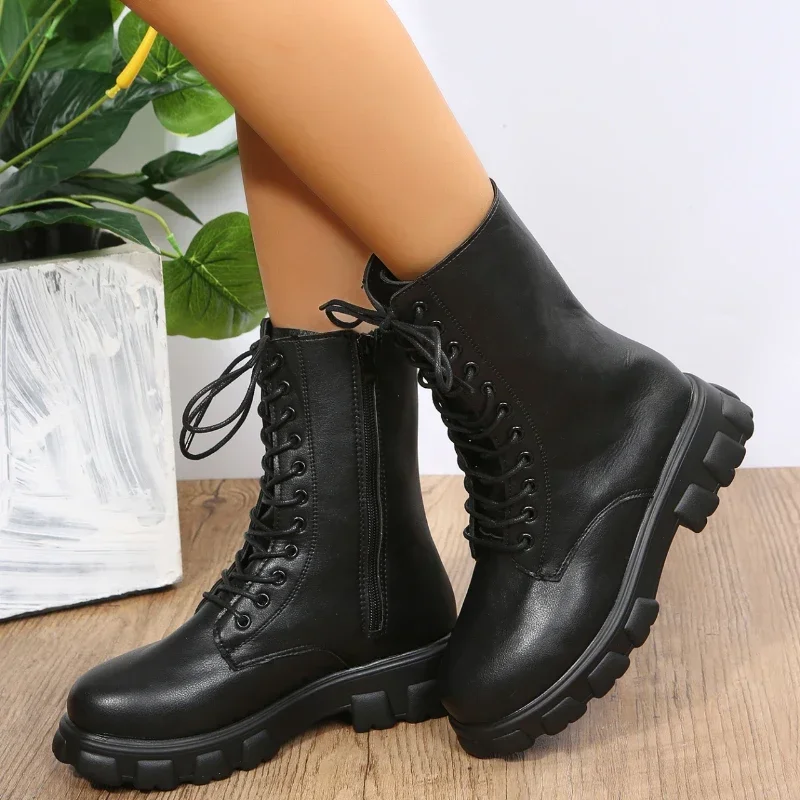 Boots Women 2024 Autumn Winter PU Leather White Ankle Boots Motorcycle Botines Female Chunky Heels Platform Boots Botas Mujer