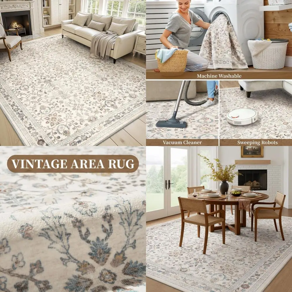 

Vintage Beige Area Rug, 8x10 for Living Room - Soft Distressed Print Carpet for Bedrooms - Non-Slip, Machine Washable