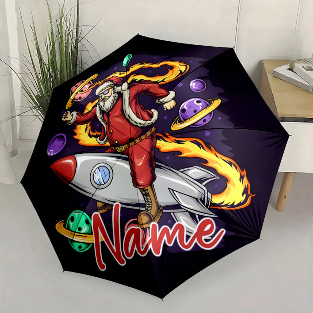Custom Name Space Santa Adventuring Umbrella 8 Iron Ribs Folding Umbrella Auto-Open Fashionable Sunshade Deluxe Gift
