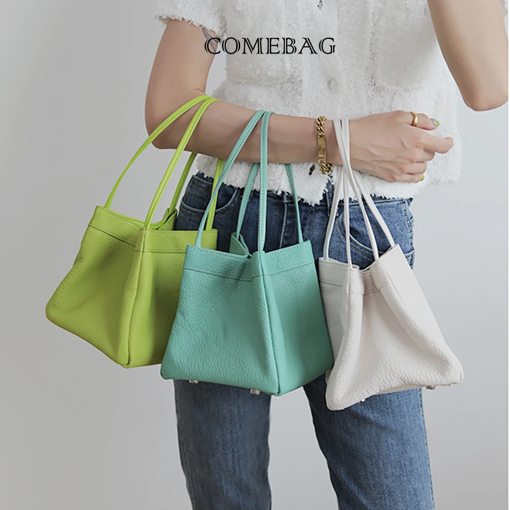 Genuine Leather Women Shoulder Bag Color Fashion Female Square Bucket Purse Solid Versatile Top Handle Underarm Cowhide Tote Bag