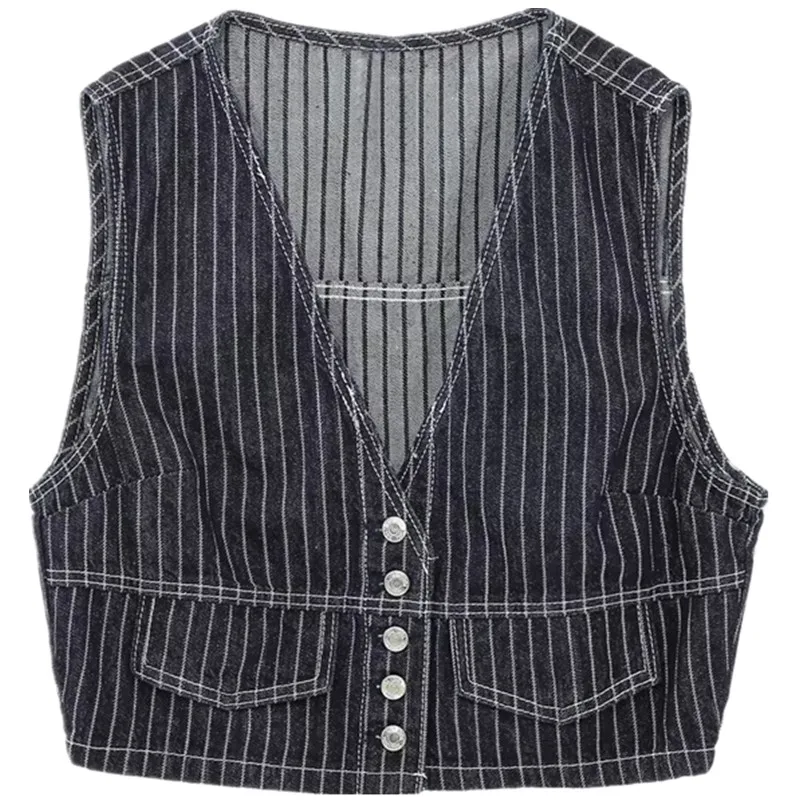

Spring New Women's Versatile V-Ne Svel Stripe Denim ort Vest Faionable Commute Sle Single Button Fastening