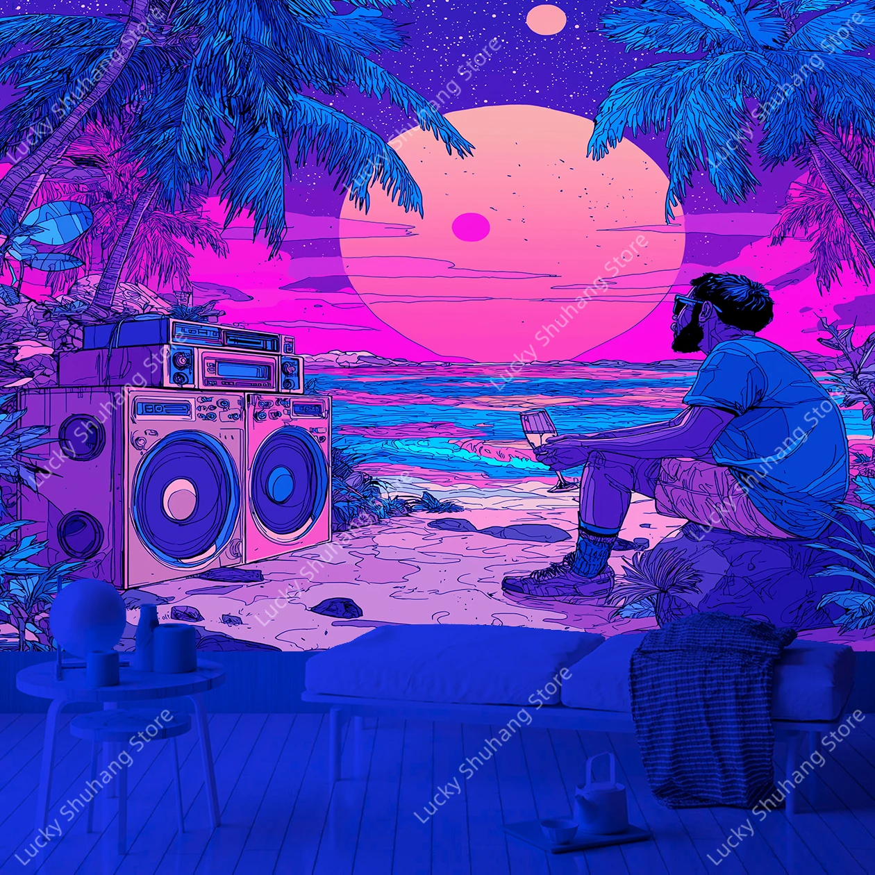 

Bohemian Beach Sunset UV Tapestry with Man and Retro Stereo Vibrant Wall Hanging for Living Room Bedroom Dorm Office Decor