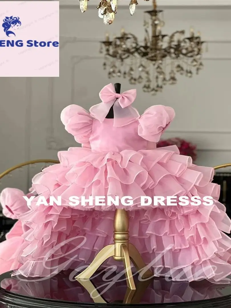 Customized Flower Girl Dress For Wedding Puffy With Tail Bow Short Sleeves Kids Baby Birthday First Communion Gown