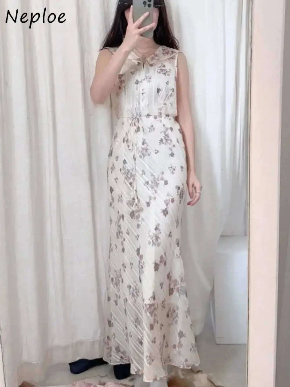 

High Waist French Style Elegant Robe Slim Print Sling Lace Up Chiffon Mujer Japan Mid-Length Sweet Minority Dress