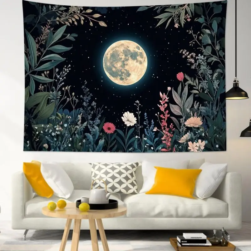 VIKAMA Moonlit Garden Wildflower Wall Tapestry Dark Blue Night Sky Full Moon Star Daisy Floral Leaf Border Dreamy Bedroom Living