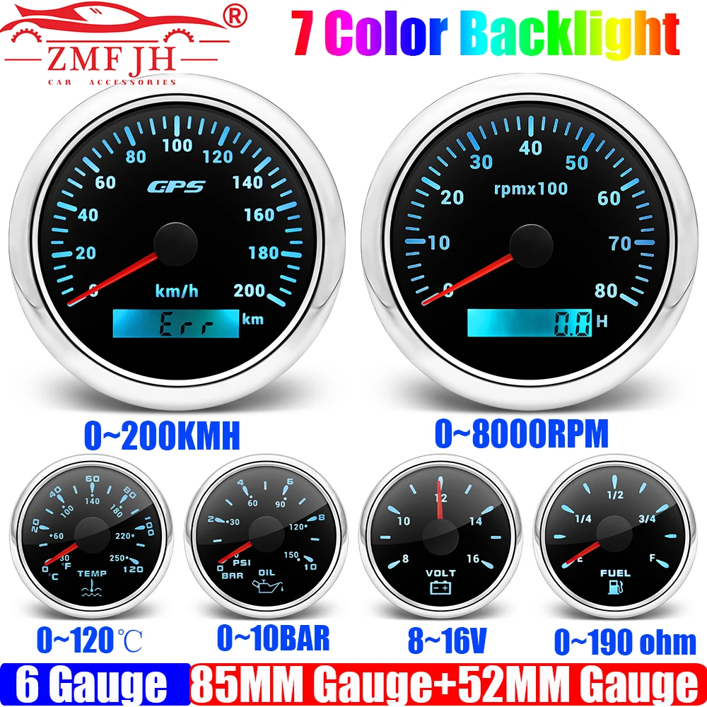 7 Color Light 6 Gauge Set Marine Boat 85MM GPS Speedometer Tachometer 52MM Water Temperature Oil Press Fuel Level Meter Voltage