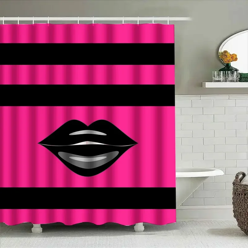 Bright Pink Black Striped Shower Curtain with Lip Design for Bathroom Decor Waterproof Bath Liner view 4