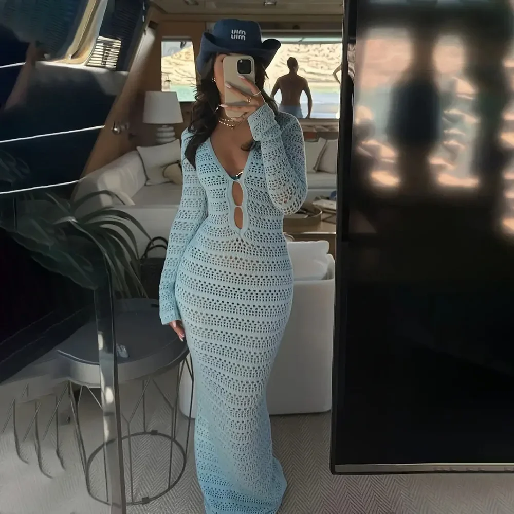 

Fdey Spring 2025 New Sky Blue Long Sleeve Sheer Robes for Woman's Knitted Dress Hollow Out Holiday Cover-Up Beach Maxi Dresses