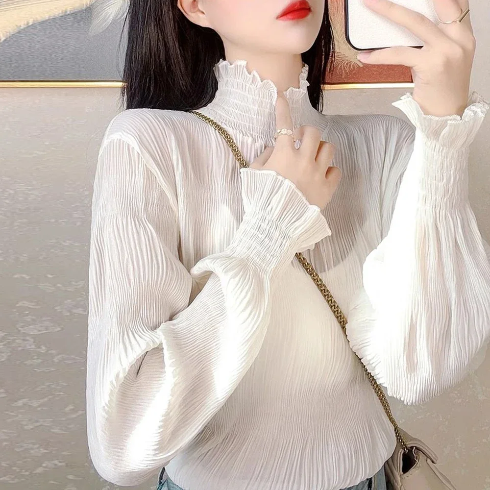 Women Petal Collar Flare Sleeve Pleated T Shirt M-2XL Black White Apricot Color Girls Lovely Turtleneck Female Tops Clothes