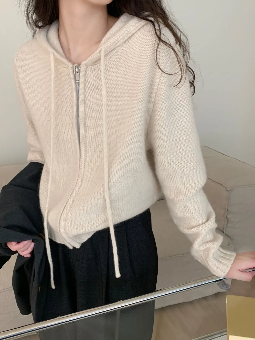 

Кардиган на молнии, женский свитер в стиле ретро, весенне-осенний свитер с капюшоном, женский мягкий кашемировый свитер с восковым капюшоном
