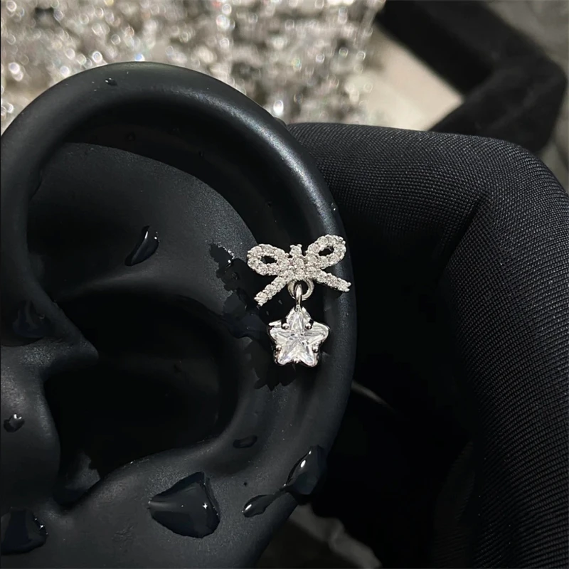 1PCS Bowknot Zircon Silver Color Star Pendant Stainless Steel Ear Bone Cute Earring for Women Cochlea Accessories Puncture