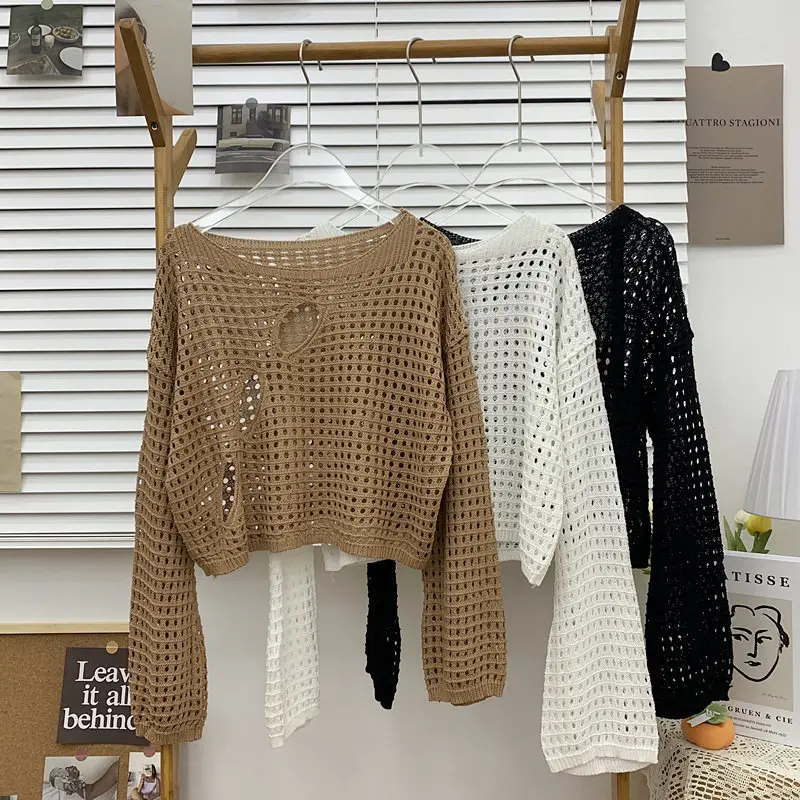 2026 Autumn New Women Hollow Out Long Sleeve Knit Top Unique Design Loose Short Outerwear Cover‑up Knitted Blouse