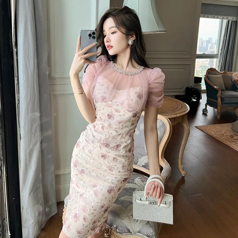 Summer New Women's Clothing Design Sense Grenadine Stitching Puff Sleeve Floral Dress