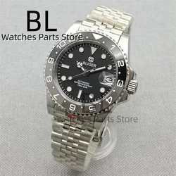 BLIGER 40mm Men's Watch NH35 Automatic With Black Gray Ceramic Bezel Sapphire Glass Black Dial Luminous Curved End Link Jubilee