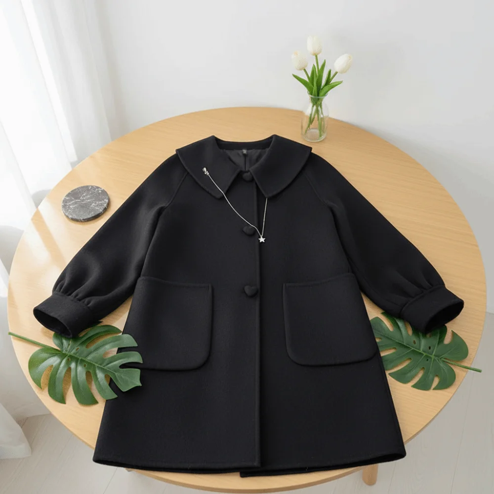 Cappotto di lana di media lunghezza alla moda da donna colletto ribaltabile cardigan chic a maniche lunghe autunno inverno top da donna cappotti antivento da donna