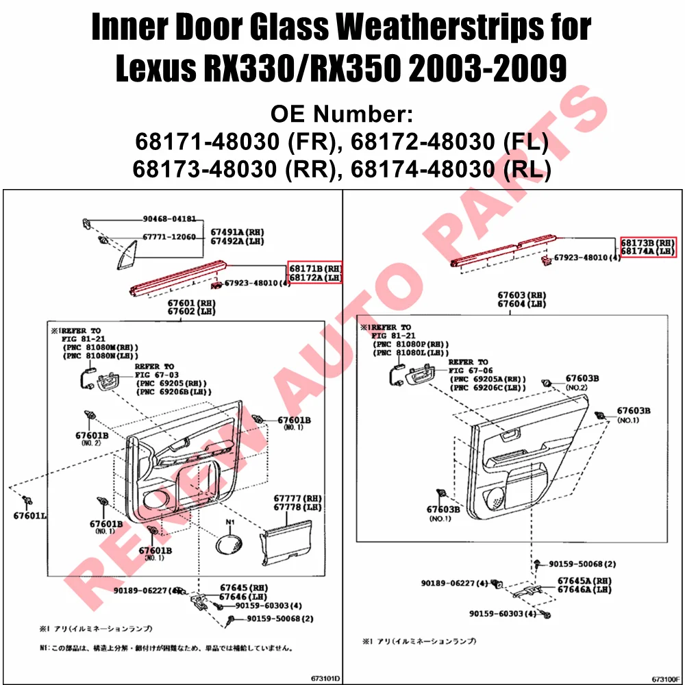Front & Rear Door Glass Inner RH LH Weatherstrip Set for Lexus RX330 RX350 2003 2004 2005 2006 2007 2008 2009 OE No. 6817148032