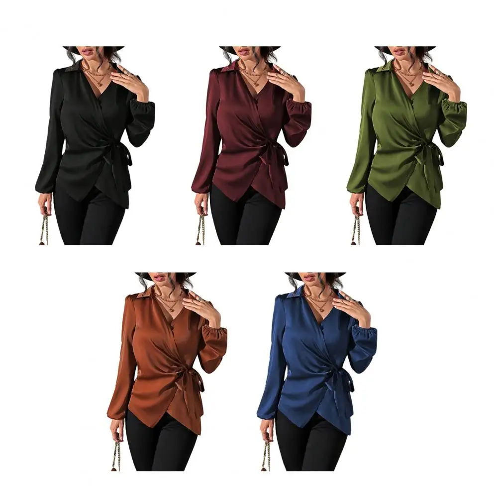 

Women Shirt V-neck Side Lace-Up Lantern Long Sleeve Pullover Tops Pure Color Work Casual Blouse Daily Wear Office Lady Shirt
