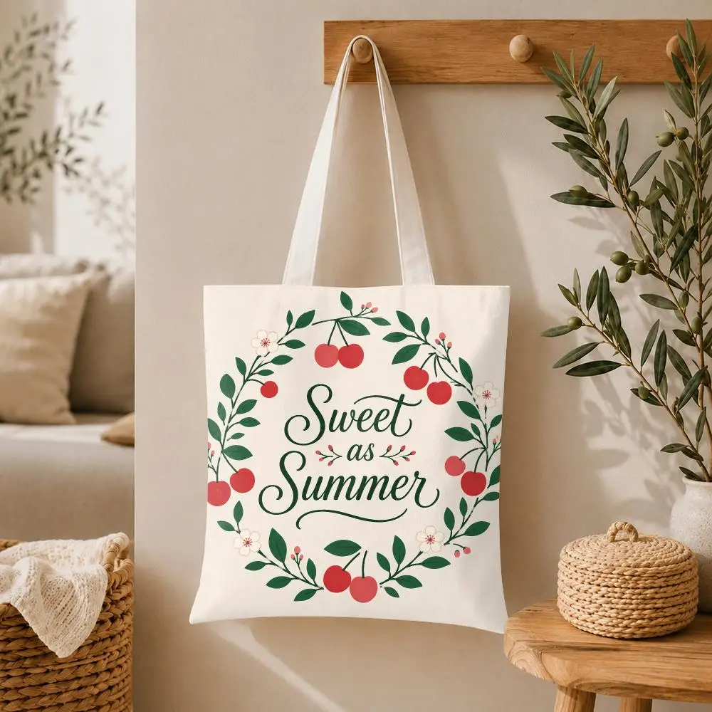Cherry Storage Bags Large Capacity Canvas Tote Bag Double-Sided Print Shoulder Handbag for Daily Shopping