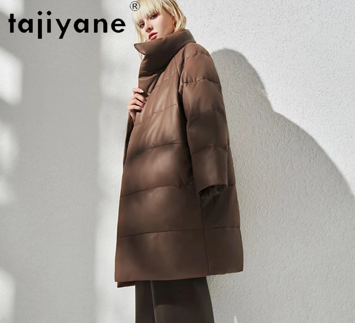 Tajiyane-Doudoune en cuir de mouton véritable pour femme, col montant en duvet d'oie blanc, parkas chaudes mi-longues, mode d'hiver