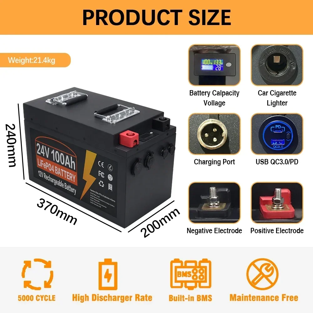 24V 100Ah LiFePO4 Lithium Iron Phosphate Battery Built-in BMS 5000 Cycles For Replacing Most of Backup Power Home Energy Storage