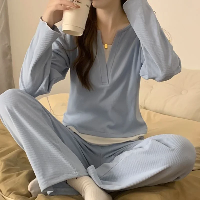 New Spring and Autumn Models Internet Celebrity Trend Simple Fake Two Pieces Jacket Winter A Loungewear Set Pajamas Female