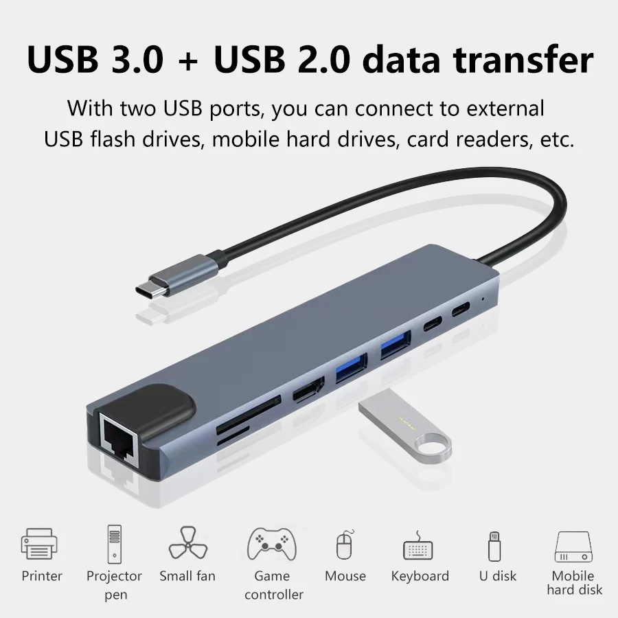 

USB C Hub 8 In 1 Type C 3.1 To 4K HDMI Adapter with RJ45 SD/TF Card Reader PD Docking Station For Computer MacBook Laptop