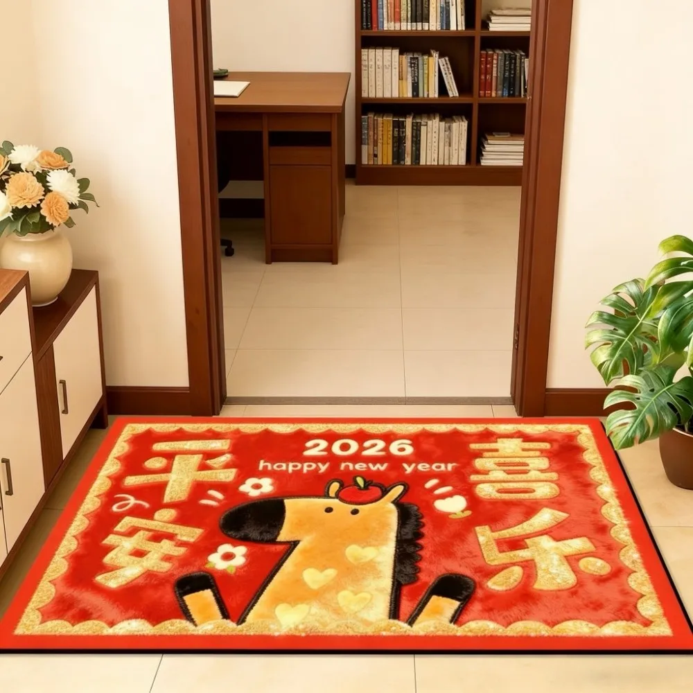 

Cartoon Horse Floor Mat Blessing Words Soft 2026 New Year Anti Slip Mat Convenient Quick Dry Pony Door Mat Spring Festival