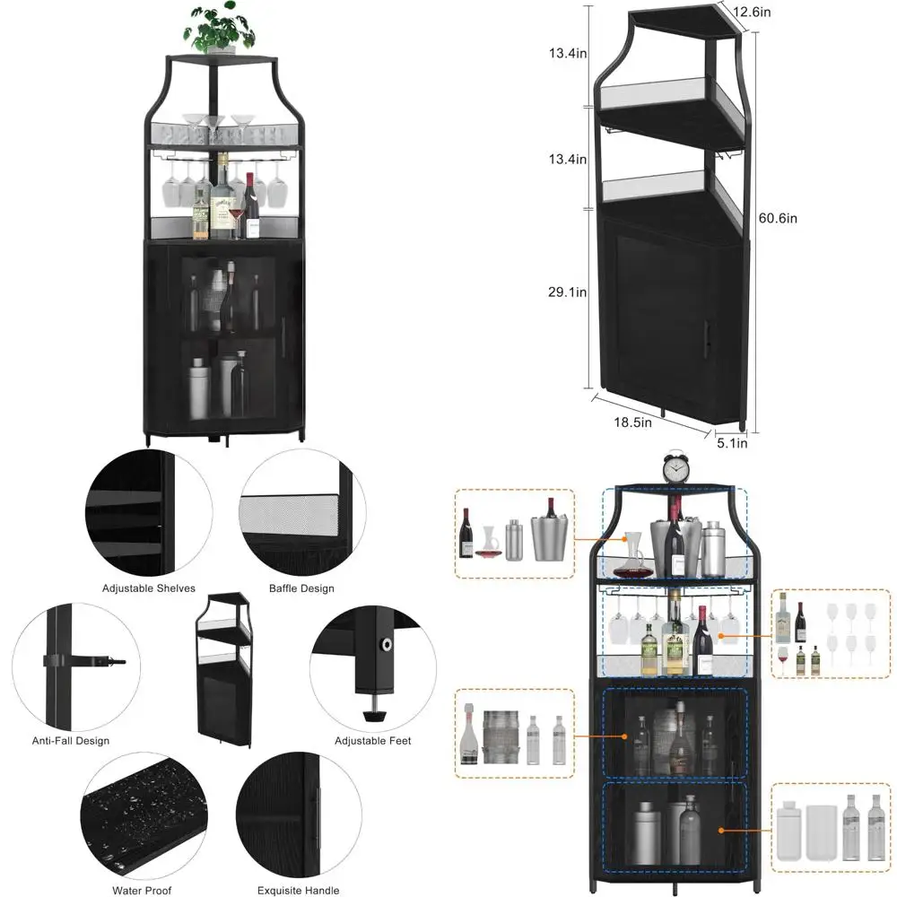 

61-ярусный угловой шкаф для спиртных напитков в индустриальном стиле с местом для хранения вина и стаканов
