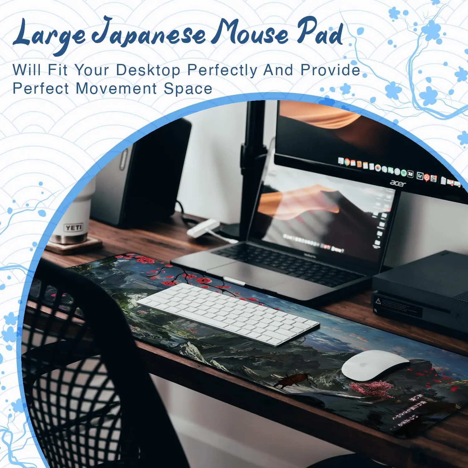 Japanese Mouse Pad 31.5x11.8Inch HD Printing Style Desk Mat Water Proof Fabric Surface Mouse Pads Hills Mountain Sakura