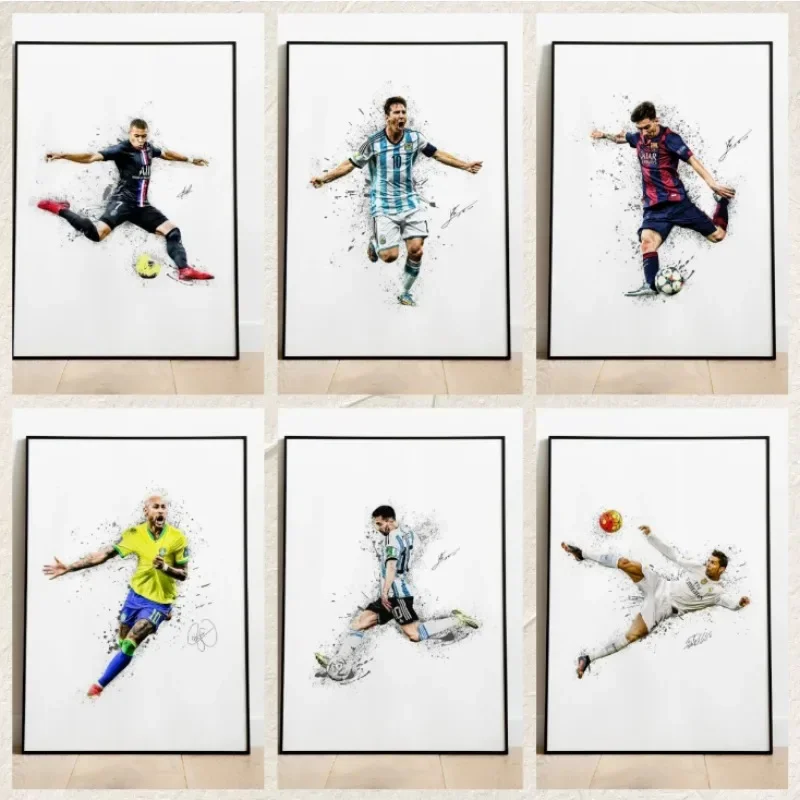 Canvas Painting Posters and Prints Wall Art Modern Abstract Watercolor Athlete Lionel Messi Mbappé and Neymar