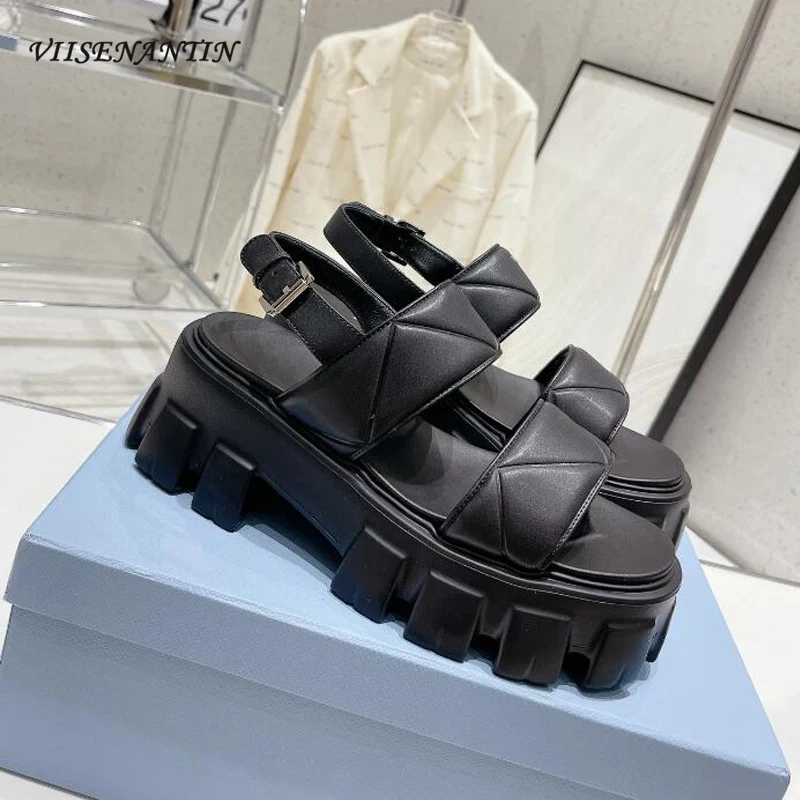 Height Increasing Women Flat Bottom Sandal Shoes Black White Real Leather 2023 Summer Fashion Street Walking Sapatos Mujer