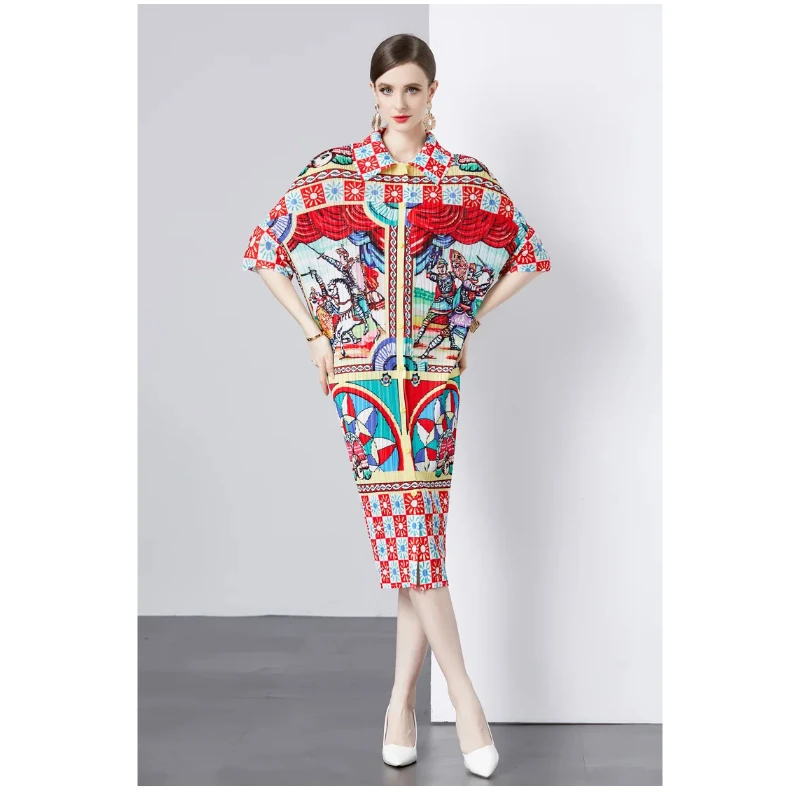 

2024 Spring/Summer Women's Mid Miyake Pleated Hot Selling Length Bat Sleeve Color match Printed Loose Foreign Trade Dress A2076