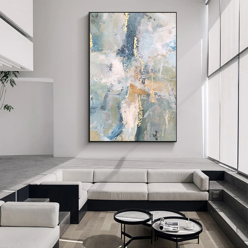 Blue Abstract Hand-painted Oil Painting Gold Foil Vertical Version Light Luxury Art Picture Living Room Large Canvas Painting