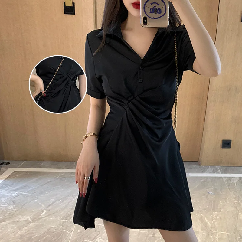 Dress Women Summer V-neck Solid Color Short Sleeve Buttons Thin Waist Fashion Dresses Casual Vestidos Dropshipping SMN208
