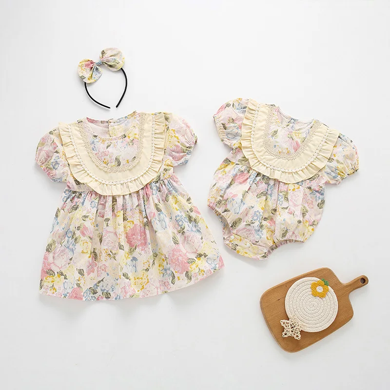 

2023 Fancy Ruffle Girls Clothes Vintage Baby Dress Newborn Floral Romper Little Sister Big Sister Summer Outfit Toddler Bodysuit