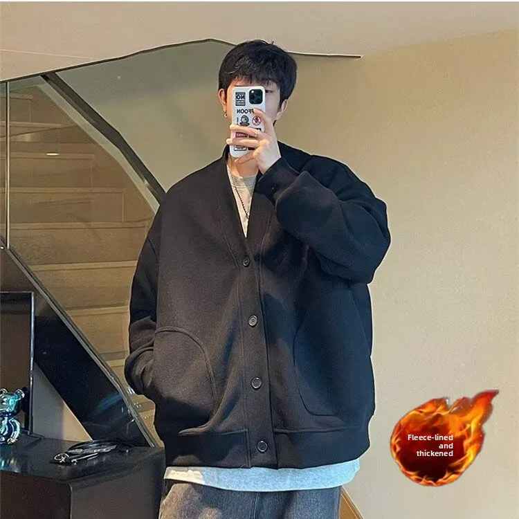 

Men's Fce Lined Open Cardigan Long Sve Loose Fit Sweatirt Sli American Brand Casual Versatile Autumn Outerwear