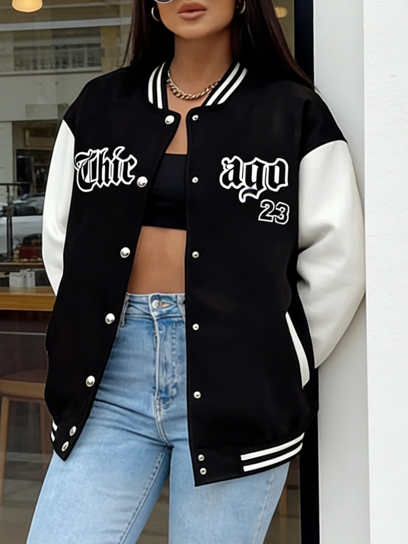Chaqueta de béisbol de gran tamaño para mujer, abrigo universitario informal con estampado de números "Thie" y 23, ropa de calle de moda, chaqueta holgada de moda