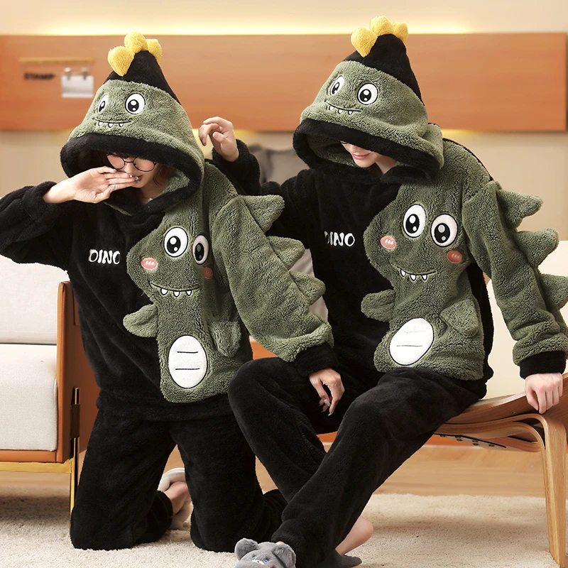 Set Piyama Pasangan Musim Dingin Piyama Pria Wanita Tebal Pakaian Tidur Kartun Dinosaurus Lembut Hangat Piyama Hoodie Pakaian Rumah Dewasa