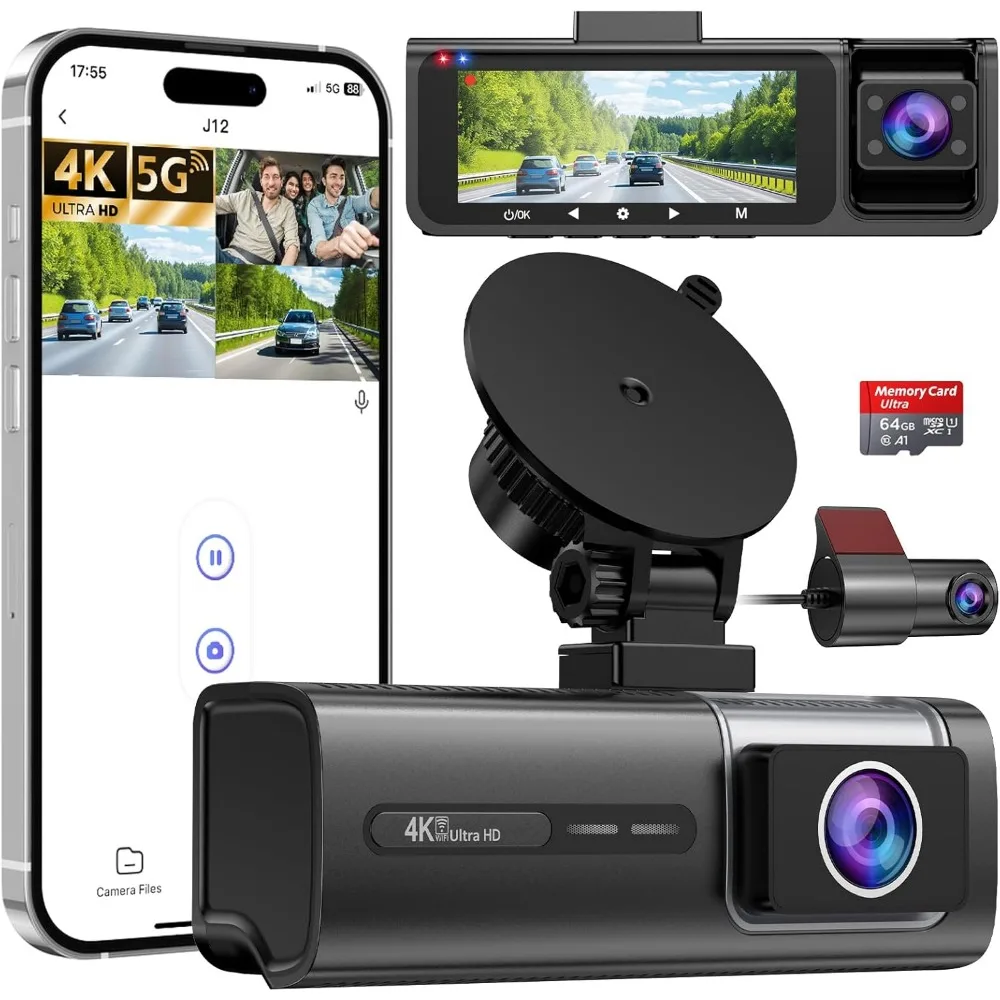 

3 Channel 5G WiFi Dash Cam, 4K+1080P+1080P Dash Cam Front and Rear Inside with 64GB Card, 3.16” IPS Screen, G-Sensor, Loop Recor