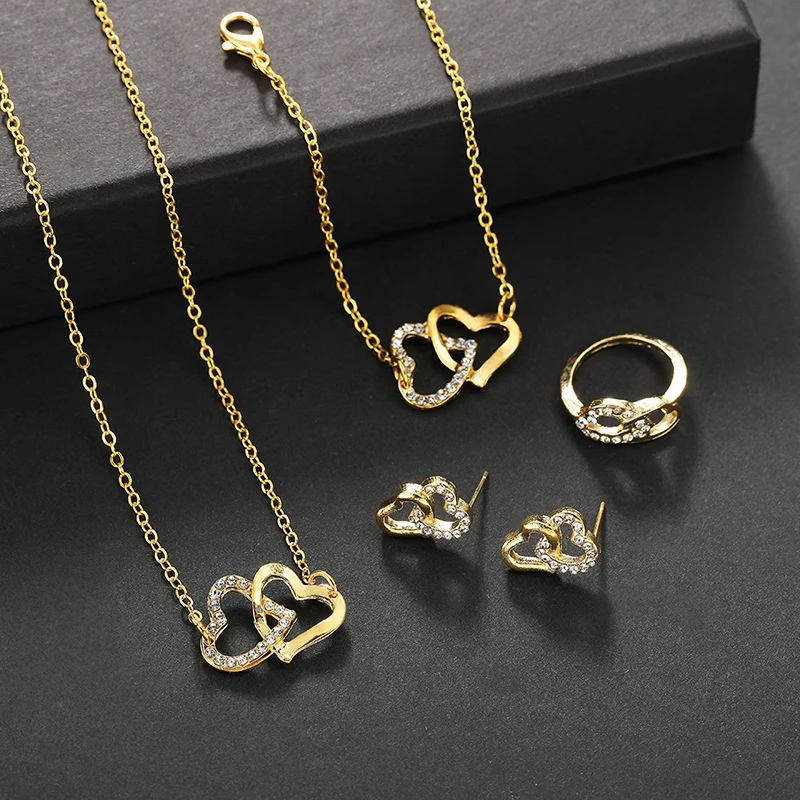 4Pcs Fashion Romantic Double Heart Interlocking Clavicle Chain Earrings Bracelet Rings For Women Girls Exquisite Jewelry Set