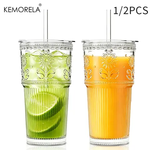 590ML Sunflower Glass Coffee Cups with Lids and Straws 1/2PCS Transparent Drinking Glasses for Juice Iced Coffee Mugs Drinkware