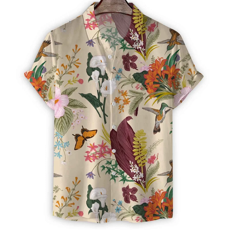 Oriental Dragon Birds Hawaiian Shirt Men 3d Print Flower Short Sleeve Summer Lapel Button Shirts Top Street Oversized Blouse