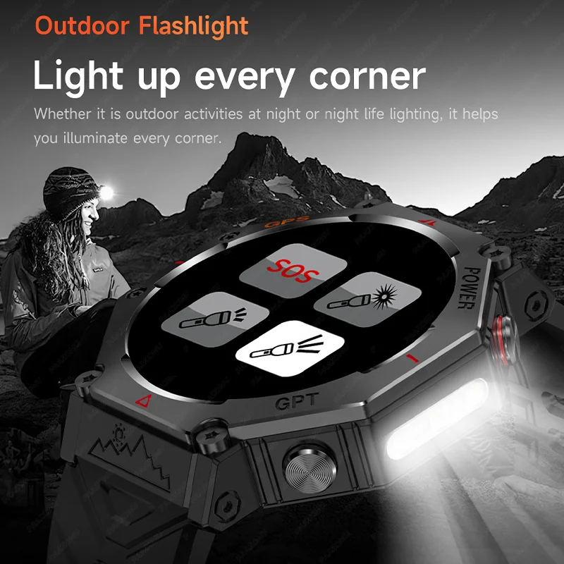 2025 GPS ساعة ذكية رياضية خارجية مع مصباح يدوي LED وبوصلة ارتفاع ضغط الهواء بلوتوث دعوة اللياقة البدنية ساعة مقاومة للماء