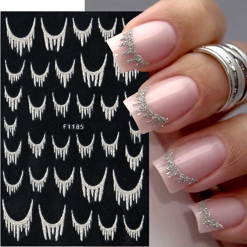 Adesivos de arte de unha francesa com glitter reflexivo, brilhante, ouro, prata, borla, grades geométricas, adesivos, decalques, faça você mesmo, manicure