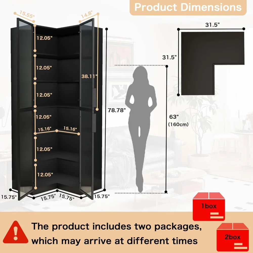 خزانة كتب زاوية كبيرة على شكل حرف L مع أبواب زجاجية، وخزانة عرض وإضاءة طويلة، وحل تخزين من 6 طبقات