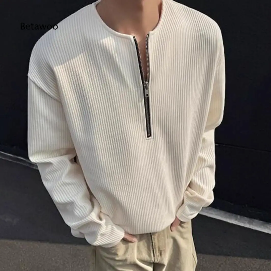 Men Relaxed Fit Long Sleeve Top Solid Color Vertical Ribbed Fabric Half Zip Shirt For Casual Daily And Street Style Look