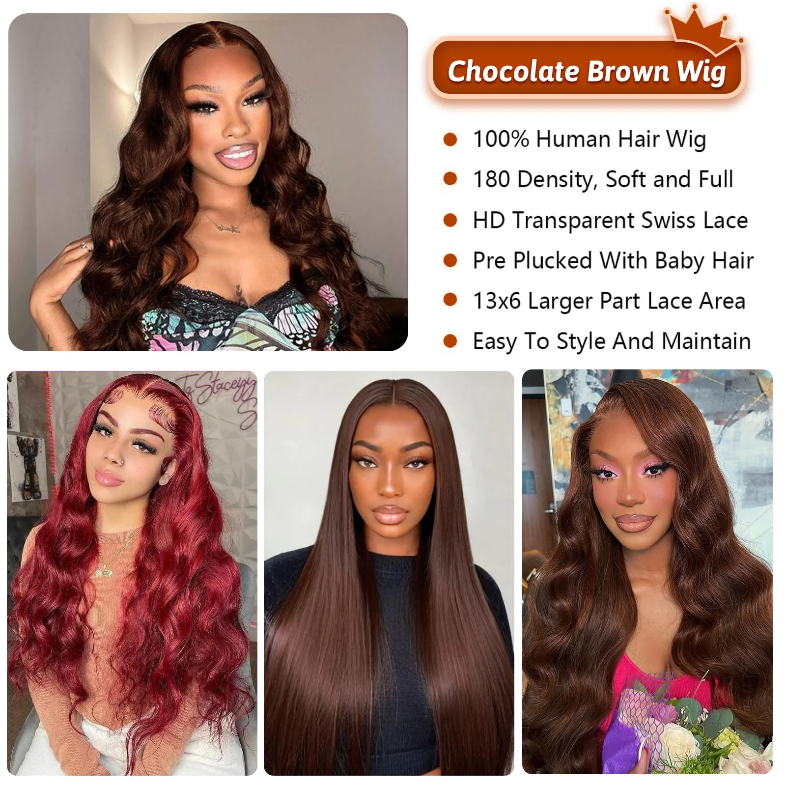 13x6 HD Kant Frontale Body Wave Pruik 13×4 Chocoladebruin # 4 gekleurde voorpruik Menselijk haar 200% dichtheid Voorgeplukte pruiken voor dames