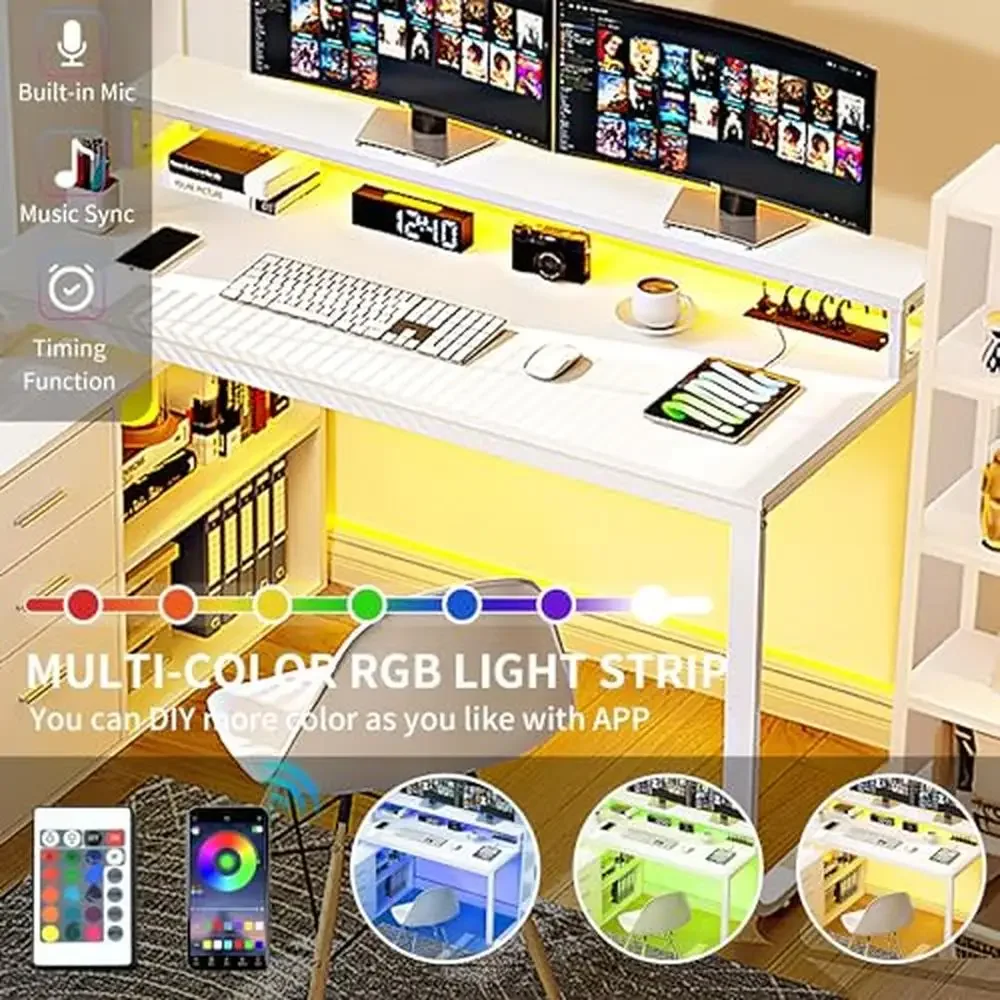 L-Shaped Desk with Power Outlets LED Lights & File Cabinet Home Office Computer Desk 55" with Drawers USB Ports & Smart RGB